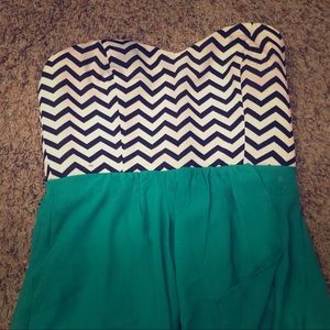 Teal with black and white chevron strapless dress